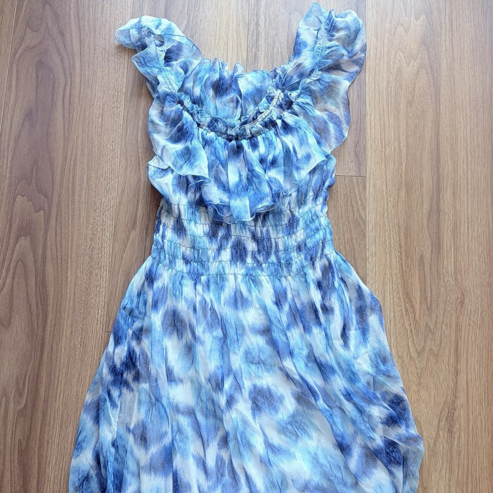 Vtg Y2k Studio M Silk Ruffle Midi Dress‎ Womens sz M Fairy Blue